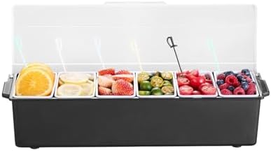 VEVOR Chilled Condiment Server, 6 Compartment Ice Cooled Condiment Serving Container, Chilled Garnish Tray Bar Caddy with Lid, for Bartending & Serving Taco, Salad, Fruit, Home & Restaurant Supplies