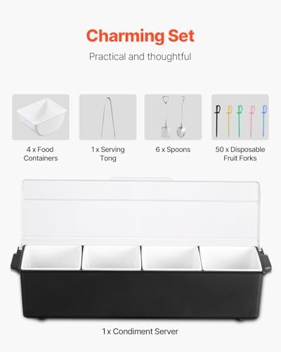 VEVOR Chilled Condiment Server, 4 Compartment Ice Cooled Condiment Serving Container, Chilled Garnish Tray Bar Caddy with Lid, for Bartending & Serving Taco, Salad, Fruit, Home & Restaurant Supplies