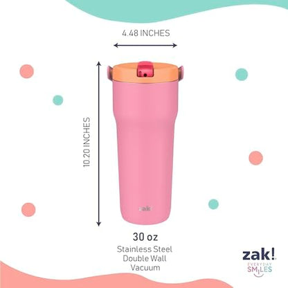 Zak Designs Sutton Travel Tumbler for On the Go, 30oz Stainless Steel with Vacuum Insulation, Straw Spout, Carry Handle for Cold Drinks (So Sweet Pink)