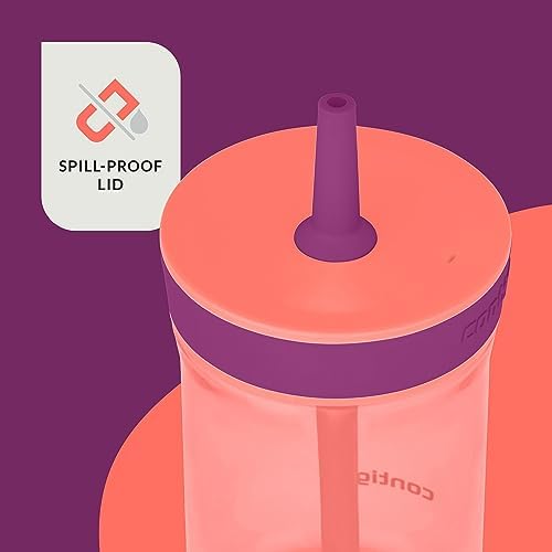 Contigo Kids’ Leighton Straw Tumbler with Spill-Proof Leak-Proof Lid 14oz Coral/Grape