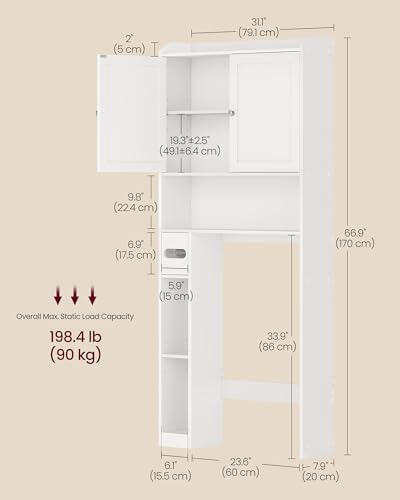 VASAGLE Over the Toilet Storage Cabinet, Doors, Adjustable Shelves, 31.1''W