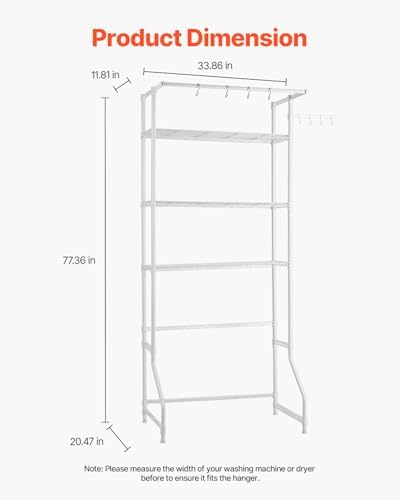 VEVOR Over the Washer and Dryer Storage Shelf, 3 Tier Laundry Room Drying Rack with Hanger Rod and Hooks, Adjustable Over Washer and Dryer Shelves, Laundry Room Shelf Storage Space Saver, White