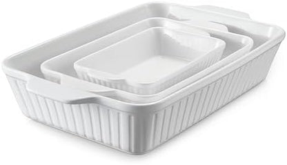 DOWAN Casserole Dishes for Oven, Baking Dishes Set, Ceramic Bakeware Sets of 3, Lasagna Pan Deep, Rectangular Baking Pan Set with Handles for Baking, Casserole, Kitchen, Wedding Gift, Soft White (15.6''/12.2''/8.9'')