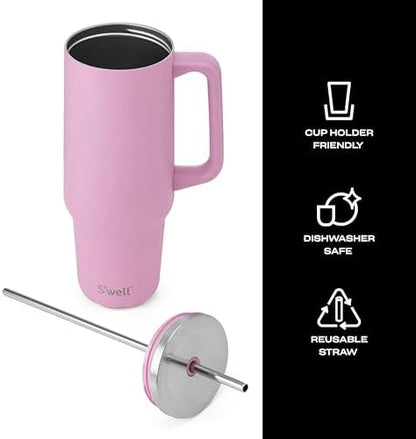 S'well Recycled Stainless Steel Tumbler XL with Straw and Handle, 40oz, Hydrangea Pink, Triple Layered Vacuum Insulated Containers Keeps Drinks Cold for 50 hours and Hot for 10