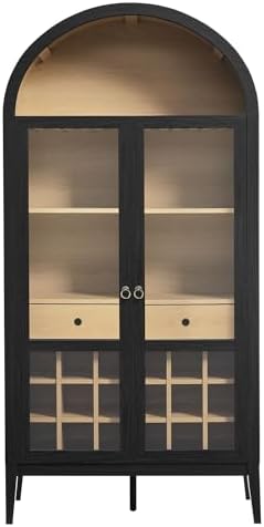 Modway Nolan Modern Farmhouse Arched Bar Cabinet in Black Wood Grain - 72 Inch Tall Wine Storage Cabinet with Glass Doors and Wine Rack - Large Liquor Cabinet for Dining or Living Room