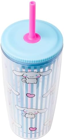 Silver Buffalo Sanrio Hello Kitty & Friends Cinnamoroll Hearts and Blue Stripes Plastic Cold Cup with Lid & Straw, 20 Ounces (Pack of 12)