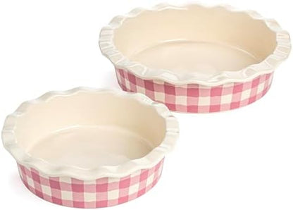 Paris Hilton Ceramic Pie Dish Set, 7-Inch and 9-Inch Stoneware Baking Dishes with Fluted Rim and Gingham Design, Oven Safe up to 450°F, 2-Piece, Pink