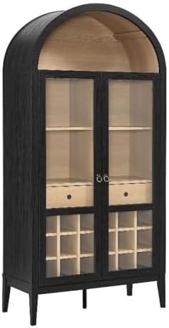 Modway Nolan Modern Farmhouse Arched Bar Cabinet in Black Wood Grain - 72 Inch Tall Wine Storage Cabinet with Glass Doors and Wine Rack - Large Liquor Cabinet for Dining or Living Room