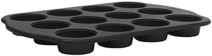 Oster Teston 12-Cup Muffin Pan, Nonstick Carbon Steel Cupcake Baking Tray, Matte Black, PFAS-Free, Easy Release, Oven-Safe Bakeware