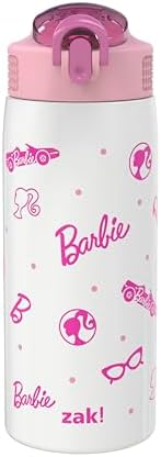 Zak Designs Barbie Porter Water Bottle for Travel and At Home, 19 oz Vacuum Insulated Stainless Steel with Locking Spout Cover, Built-In Carrying Loop, Leak-Proof Design (Barbie)