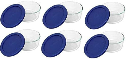 Pyrex 7200 (2-Cup) Glass Bowl With Dark Blue Lid (6 Pack) - Made in USA