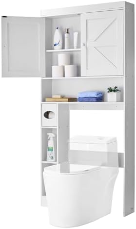 VEVOR Over The Toilet Storage Cabinet, 67.44‘’ Height Bathroom Storage Cabinet Over Toilet with Barn Door and Adjustable Shelf, Bathroom Space-Saving Toilet Rack White Wood with Open Shelf