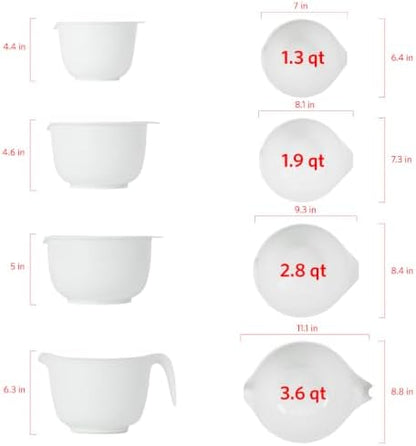 Glad Mixing Bowls with Pour Spout, Set of 4 - Nesting Plastic Bowls (1.2qt, 1.9qt, 2.8qt, and 3qt with Handle) - Non Slip Base, Dishwasher Safe Kitchen Cooking and Baking Supplies, Grey