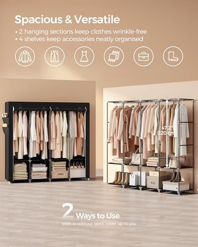 SONGMICS Portable Closet with Cover, 4 Hanging Rods and Shelves