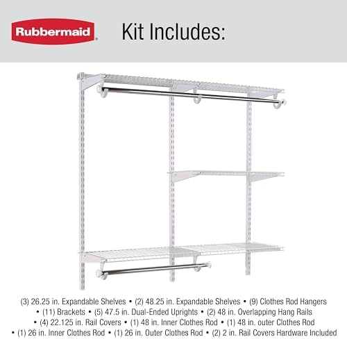 Rubbermaid Configurations Custom Closet Kit 4-8 Ft. Adjustable Metal Wire Shelving White Finish Expandable Organization System Hardware Included for Home Closet/Pantry/Laundry/Mudroom