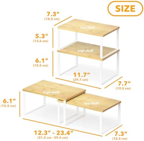 SpaceAid Cabinet Shelf Organizers 2 Pack, Kitchen Counter Rack Shelves Riser, Stackable Expandable Spice Rack, Pantry Cupboard Storage Organization (White and Natural, Short)
