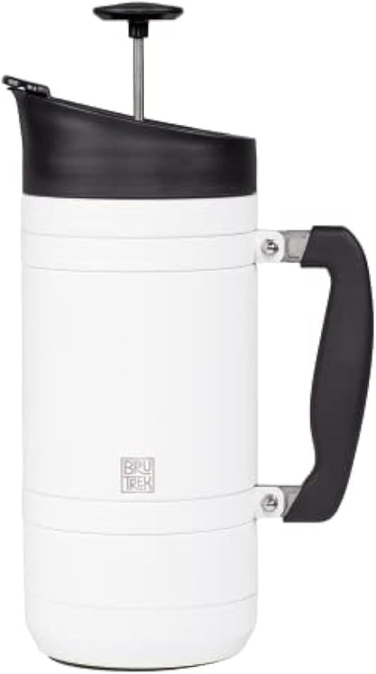 BruTrek Basecamp Coffee Press - Double Wall Vacuum Insulated Stainless Steel - Bru-Stop Technology, No Grounds in Coffee, No Spill Lid (Snowflake White, 48 fl.oz)