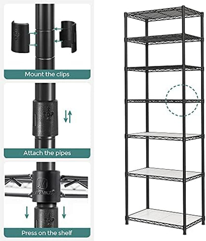SONGMICS 7-Tier Storage Shelves, Adjustable Wire Shelving Unit, 8 Hooks