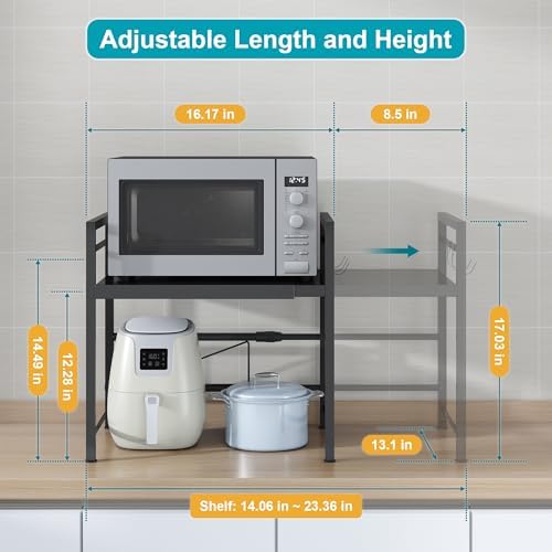 DOLALIKE Microwave Oven Rack, Expandable Microwave Stand Countertop Kitchen Utensils Tableware Storage, Carbon Steel Over Microwave Shelf Countertop with 3 Hooks (Pack of 2)
