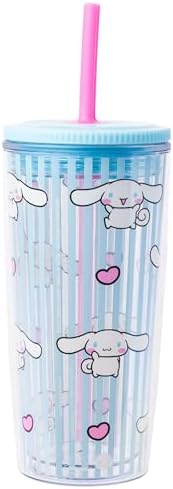 Silver Buffalo Sanrio Hello Kitty & Friends Cinnamoroll Hearts and Blue Stripes Plastic Cold Cup with Lid & Straw, 20 Ounces (Pack of 12)