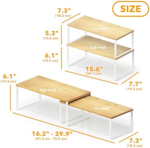 SpaceAid Cabinet Shelf Organizers 2 Pack, Kitchen Counter Rack Shelves Riser, Stackable Expandable Spice Rack, Pantry Cupboard Storage Organization (White and Natural, Long)