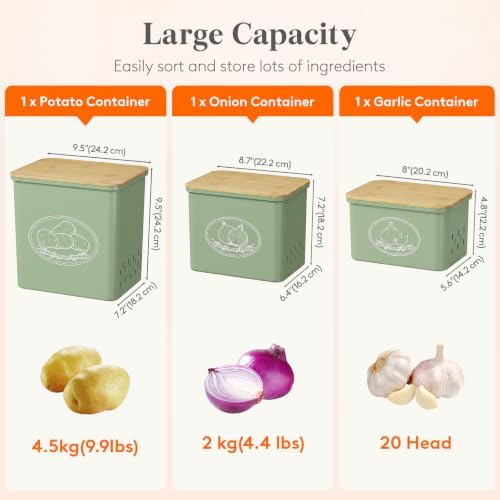 Lifewit Plastic Potato and Onion Storage Bin Box, Set of 3, Green