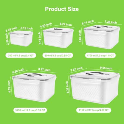 5 Pack Fridge Fruit Storage Containers with Colander, Vent and Handle