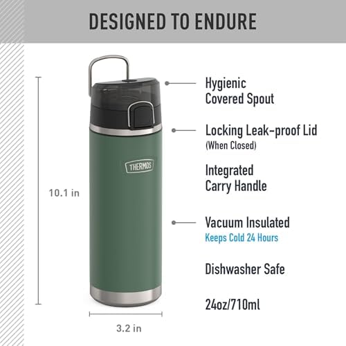THERMOS ICON SERIES, Stainless Steel Water Bottle with Spout - 24 Ounce, Alpine Green - Vacuum Insulated Water Bottle with Lid