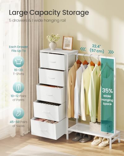 SONGMICS Dresser with Hanging Rod, 5 Fabric Drawers, Bottom Shelf