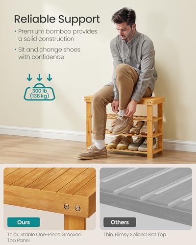 SONGMICS Shoe Rack Bench, 4 Tier Bamboo, 11.3 x 27.6 x 20.5 Inches