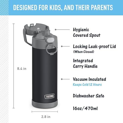 THERMOS FUNTAINER Water Bottle with Spout, 16oz, Matte Charcoal