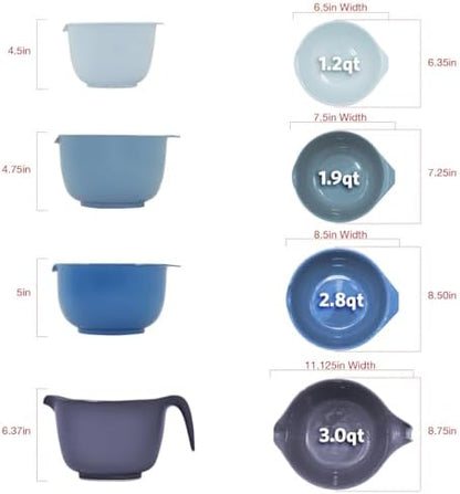 Glad Mixing Bowls with Pour Spout, Set of 4 - Nesting Plastic Bowls (1.2qt, 1.9qt, 2.8qt, and 3qt with Handle) - Non Slip Base, Dishwasher Safe Kitchen Cooking and Baking Supplies, Blue