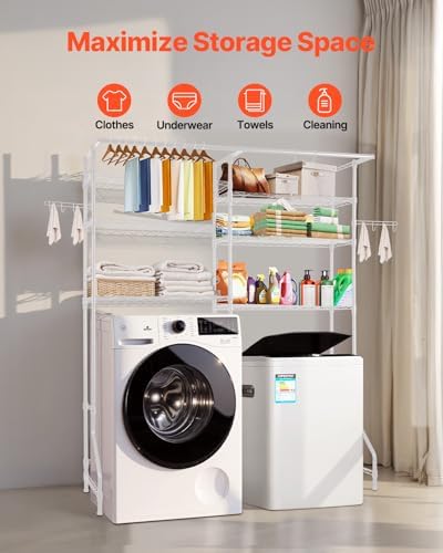 VEVOR Over the Washer and Dryer Storage Shelf, 6 Tier Laundry Room Drying Rack with Hanger Rod and Hooks, Adjustable Over Washer and Dryer Shelves, Laundry Room Shelf Storage Space Saver, White