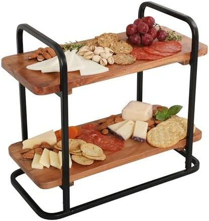 Gibson Home Gracious Dining 2-Tier Wooden Serving Tray with Metal Frame – Acacia Wood Rectangle Charcuterie Board, Cheese Platter, Dessert Display Stand for Buffet, Kitchen, Dining, or Events