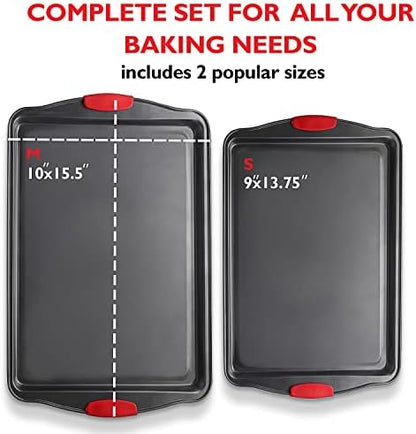 Eatex Nonstick Baking Sheet Set, 2-Piece Baking Pans Set with Silicone Handles, Carbon Steel Cookie Sheets for Baking Commercial Grade Quality Oven Tray, Jelly Roll/Quarter Sheet Pans for Baking