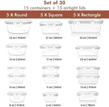 Razab 30 PC Glass Food Storage Containers with Lids - Reusable Glass Meal Prep Containers for Lunch and Leftovers - Airtight & Leakproof Snap Locking Lids - Oven, Freezer, Microwave, Dishwasher Safe