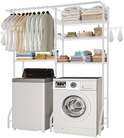 VEVOR Over the Washer and Dryer Storage Shelf, 6 Tier Laundry Room Drying Rack with Hanger Rod and Hooks, Adjustable Over Washer and Dryer Shelves, Laundry Room Shelf Storage Space Saver, White