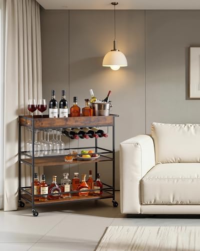 VEVOR Bar Cart with Wheels, Large Wide 3-Tier Rolling Serving Cart, 34.64-Inch Beverage Station with Wine Rack, Glass Holder and S Hooks for Home Kitchen, Rustic Brown and Black
