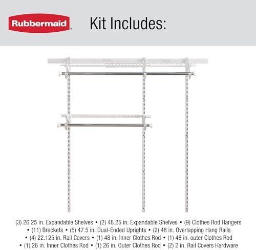 Rubbermaid Configurations Custom Closet Kit 3-6 Ft. Adjustable Metal Wire Shelving White Finish Expandable Organization System Hardware Included for Home Closet/Pantry/Laundry/Mudroom