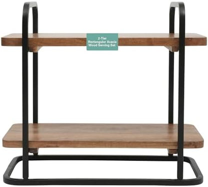 Gibson Home Gracious Dining 2-Tier Wooden Serving Tray with Metal Frame – Acacia Wood Rectangle Charcuterie Board, Cheese Platter, Dessert Display Stand for Buffet, Kitchen, Dining, or Events