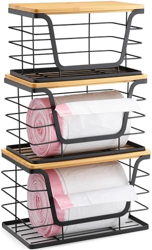 ALOCEO 3 Pack Stackable Storage Bins with Lids, Stainless Steel Trash Bag Dispenser Roll Holder for for Kitchen Sink, Laundry, Pantry Organizer and Storage