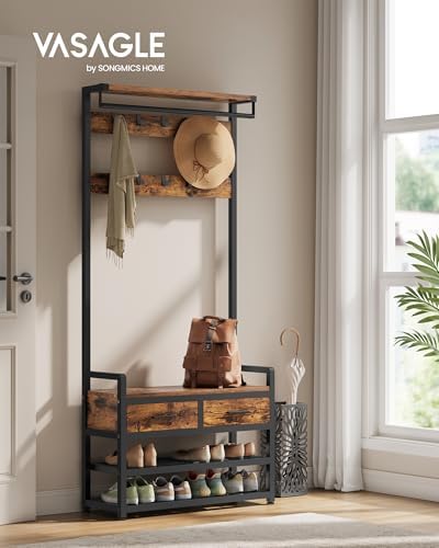 VASAGLE Hall Tree with Bench and Shoe Storage, 2 Fabric Drawers, 10 Hooks