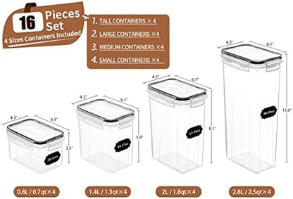 PRAKI Airtight Food Storage Containers Set, 16 Pcs BPA Free Plastic Dry Food Canisters for Kitchen Pantry Organization and Storage Ideal for Cereal, Flour & Sugar - Labels, Marker(Black)