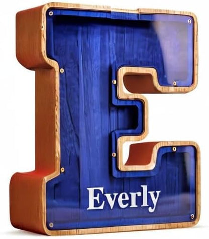 Summidate Customized Name Large Wooden Piggy Bank for Kids Boys Girls Alphabets Letter A-Z Coins Bills Money Change Bank Box Initial on Clear Cover (Laser Engraved) (Alphabet-I, Personalized-9")