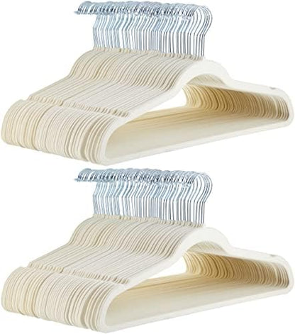 Amazon Basics Slim Velvet Non-Slip Space Saving Suit Clothes Hangers for Closet Organization, Ivory/Beige, 100-Pack