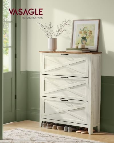 VASAGLE Farmhouse Shoe Cabinet, Narrow Storage Organizer, 3 Flip Drawers