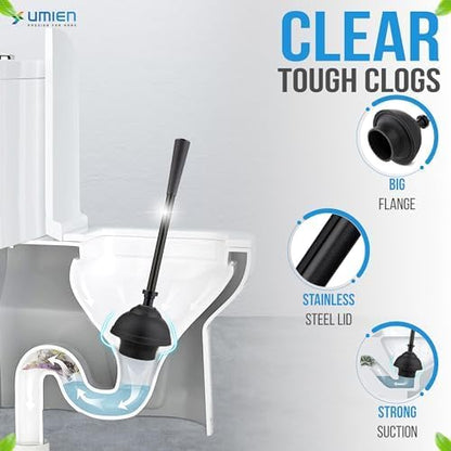 UMIEN 2 Pack Toilet Brush and Plunger Set 18-in - Updated 2025 No-Rust - Stainless Steel Design - Long Handles - with Freestanding Canister (Matte Black)