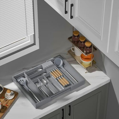 TIOPGHAD Expandable Bamboo Silverware Drawer Organizer Kitchen Tray, Grey
