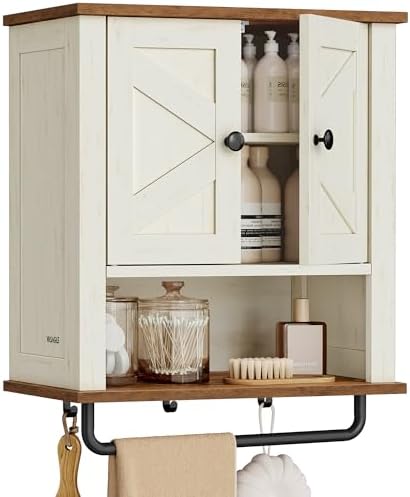 VASAGLE Bathroom Cabinet with Towel Bar, Wall-Mounted, 2 Barn Doors