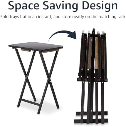 Amazon Basics Portable Foldable TV Tray Table with Storage Rack, Space-Saving Design, 15" x 19" x 26", Black, 4-Pack
